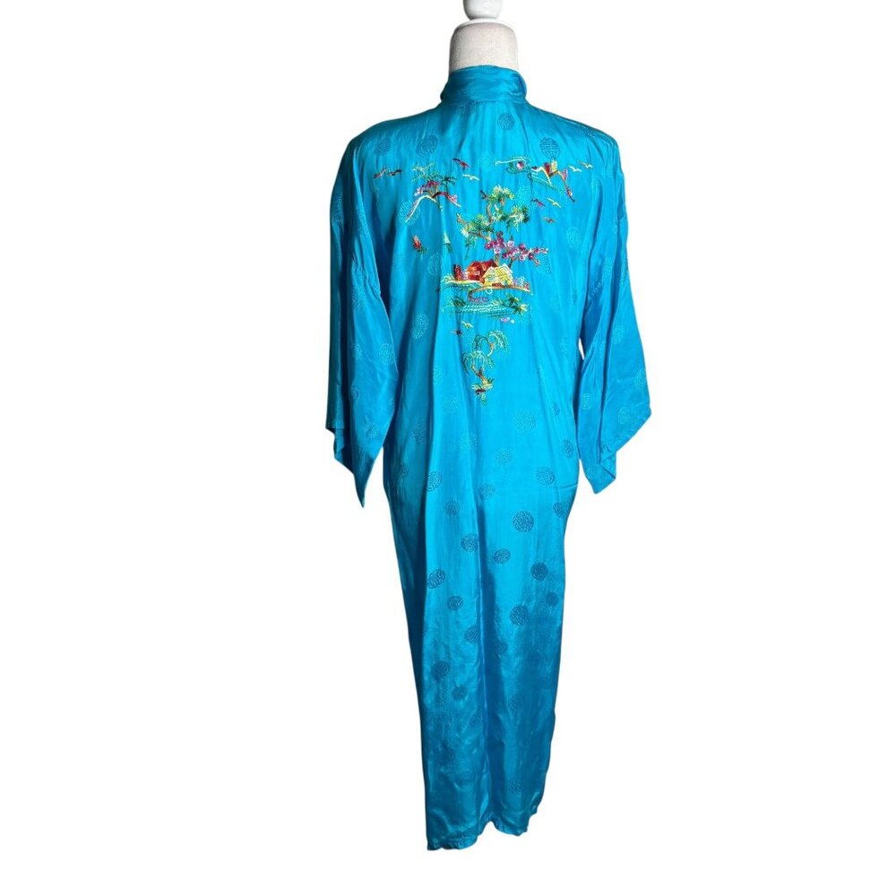 Vintage Kimono Hand Embroidered Medium Teal Blue Pockets Long Sleeve No Belt - Picture 4 of 8